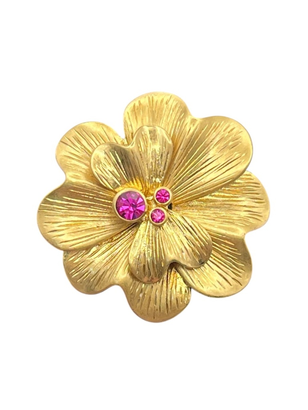 Brushed gold tone oversized flower ring w hot pink rhinestones size 8